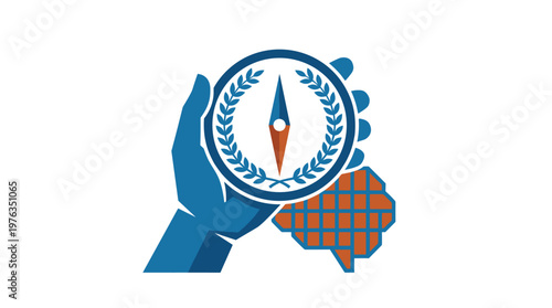 A stylized blue hand firmly holds a detailed compass with a laurel wreath, guiding a gridded orange brain icon towards a clear direction on a pristine white background.