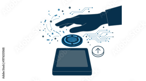 A dark silhouetted hand activates a futuristic glowing blue interface button, triggering a cascade of digital particles and circuit pathways on a clean white background.