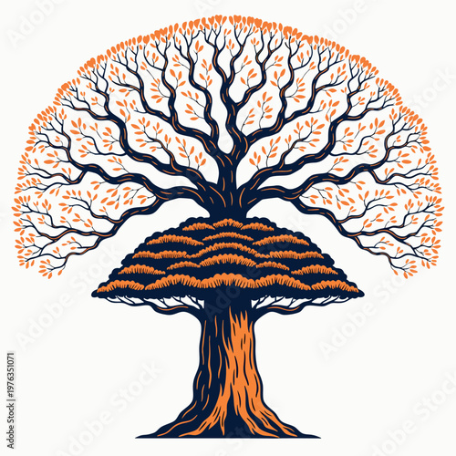 Flat vector illustration of a stylized eucalyptus tree with symmetrical branches, vibrant orange trunk and yellow branches, deep blue foliage forming a circular canopy, minimal modern design,