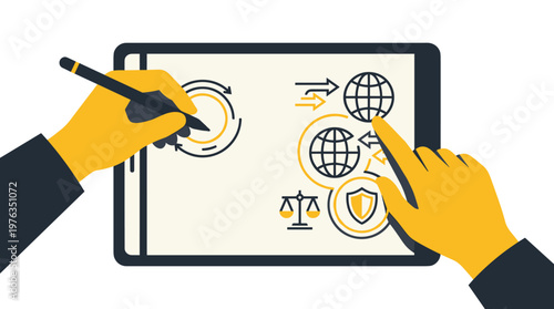 Two stylized yellow hands expertly interact with a modern tablet, one drawing a circular workflow diagram with a stylus and the other selecting a global network icon.