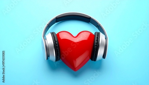 Red heart headphones blue background music love emotion