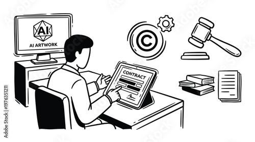 An artist carefully signs a digital contract on a tablet to protect their AI-generated artwork, surrounded by hand-drawn icons of copyright, law, and legal books.