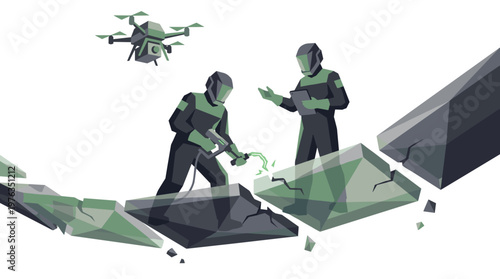 Two futuristic construction workers in protective gear use a glowing welding tool to repair a fractured geometric structure, monitored by an autonomous surveillance drone.