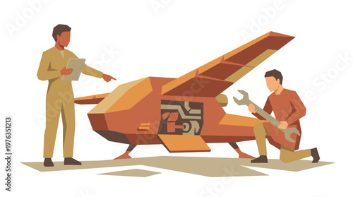 Two dedicated aerospace engineers, one holding a wrench and the other a checklist, meticulously perform maintenance on the open engine of an advanced orange drone.