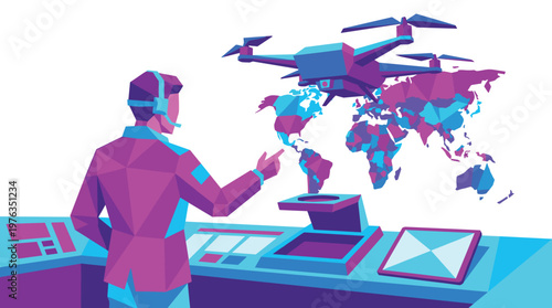 A futuristic operator in a high-tech control room meticulously manages a sophisticated drone hovering over a glowing holographic world map in vibrant neon colors.
