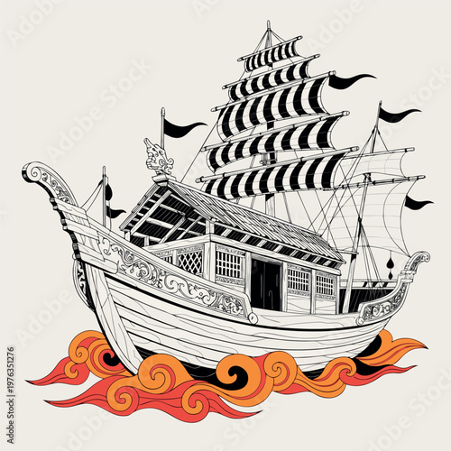 Detailed vector illustration of a traditional sailing ship with ornate design and colorful sails