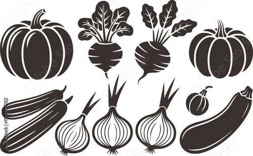 Collection of dark grey silhouette vegetables including pumpkins beets onions zucchini and squash