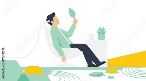 A serene individual relaxes in a minimalist chair while holding a green leaf, connected by a wire to a device, suggesting a fusion of nature and technology.