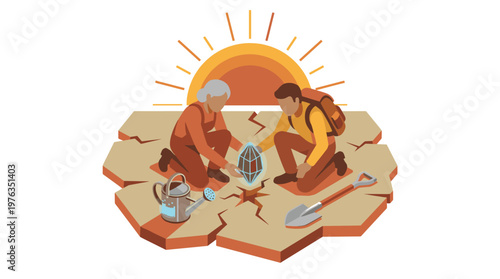 An intergenerational team of a young man and a senior woman carefully plants a glowing crystalline seed into dry, cracked earth under a stylized, hopeful sun.