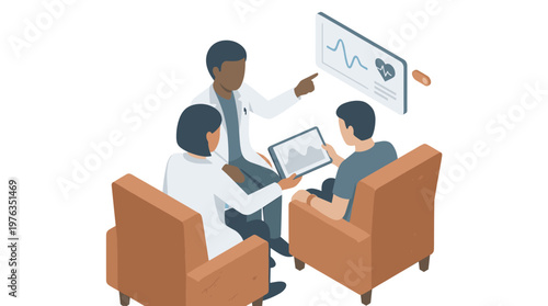 A diverse medical team, including a Black male doctor and a female colleague, thoughtfully discusses a patient's health data displayed on a tablet and a vital signs monitor.