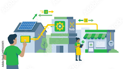An illustrative diagram shows a smart energy grid with a homeowner managing solar power flow to a central hub and a local business owner monitoring her store's usage.