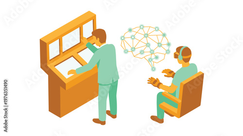 A meticulous scientist in a light green suit operates a complex control panel while a test subject experiences a neural interface simulation via a VR headset.
