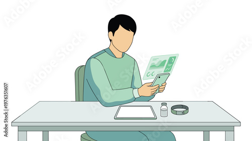 A man sitting at a clean desk analyzes his personal health data on a glowing green holographic interface projected from his smartphone next to a tablet and a wearable.