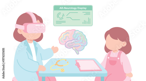 A compassionate female doctor wearing a pink VR headset uses an augmented reality neurology display to show a colorful holographic brain to a young child patient.