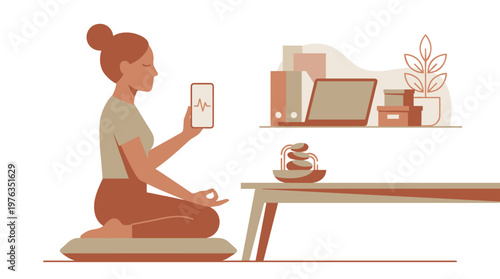 A serene woman in comfortable attire practices mindful meditation on a floor cushion while monitoring her vitals on a modern smartphone in a tranquil home office.