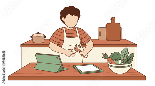 A focused home cook wearing a striped shirt and apron follows a digital recipe on a tablet while preparing fresh vegetables in a cozy, well-lit kitchen.