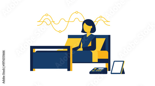 A female patient sits attentively in a modern hospital bed during a sleep study, with advanced monitoring equipment and a digital brainwave graph nearby.