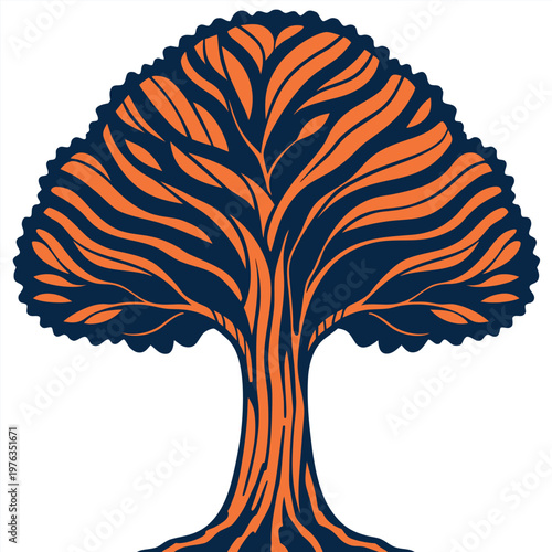 Flat vector illustration of a stylized eucalyptus tree with symmetrical branches, vibrant orange trunk and yellow branches, deep blue foliage forming a circular canopy, minimal modern design,