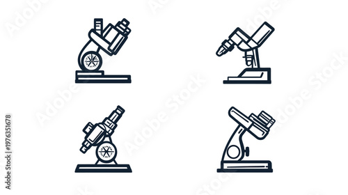 Four stylized illustrations of microscopes, presented in different orientations, on a white background