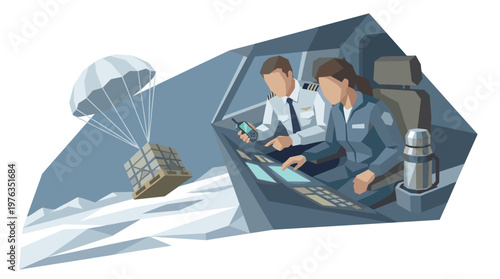 Two focused pilots in a futuristic cockpit meticulously coordinate a humanitarian airdrop of a large cargo crate over a vast, geometric arctic landscape.