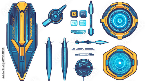 Pixelated artwork featuring various futuristic tech designs in blue and yellow hues