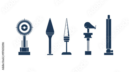 Silhouettes of five technical instruments or measuring devices are shown against a white background