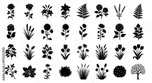 Collection of various plant silhouettes and flowers.