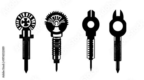 Four black and white stylized mechanical tools with various circular and linear elements