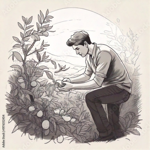 Man tending to plants in a garden setting.