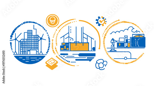 Graphic illustration with circular frames, buildings, wind turbines, and industrial setups
