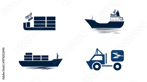 Stylized illustrations depicting various modes of cargo transportation, ships and trucks