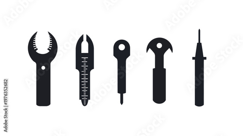 Silhouettes of diverse hand tools, featuring a wrench, measurement tool, and other manual implements