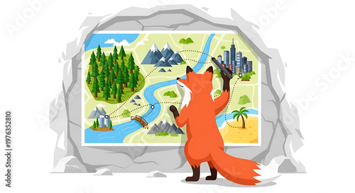 A cartoon fox holds up a map with various landscapes and destinations.
