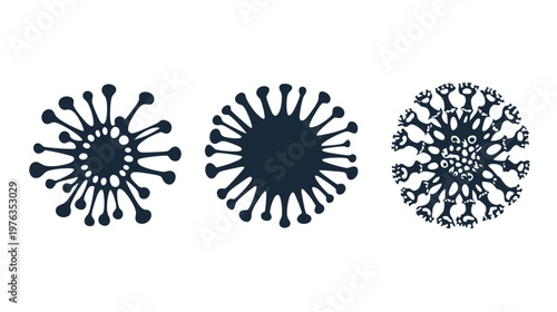 Three stylized, dark blue illustrations of circular shapes on a white background. Each has a unique design