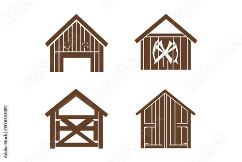 Four brown barn illustrations of various designs with wooden construction, set against a white background