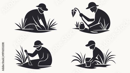 Silhouetted figures in hats engage in various gardening tasks amidst patches of grass