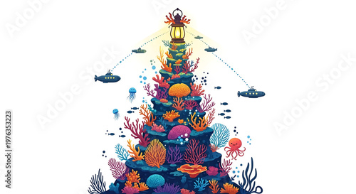 A vibrant underwater Christmas tree illustration with colorful coral and sea creatures