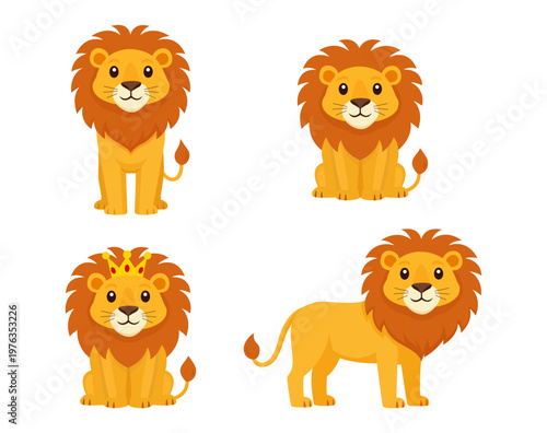 Cartoon Lion Set in Different Poses Isolated on White Background