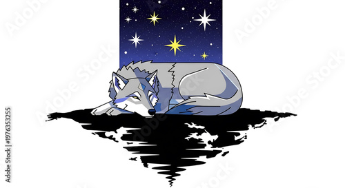 A serene cartoon wolf sleeps under a starry night sky with a reflective black surface