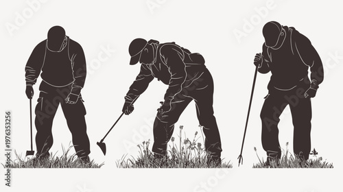 Silhouetted figures in outdoor setting, using gardening tools, near grassy area
