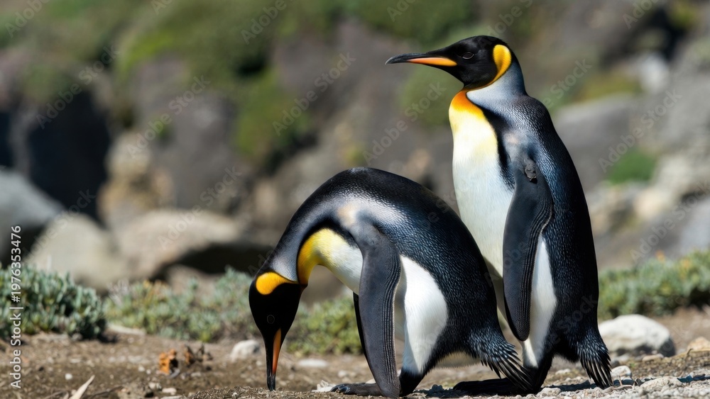 Fototapeta premium King penguins foraging and standing among coastal rocks and plants