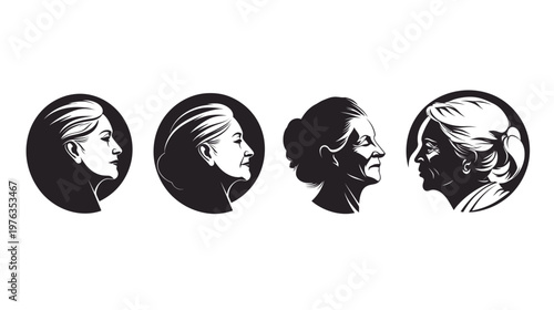 Four black and white illustrations of older women's profiles in circles