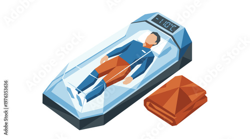 A male figure rests peacefully inside a sleek, futuristic cryogenic suspension pod displaying a frigid temperature on its digital screen against a clean white background.