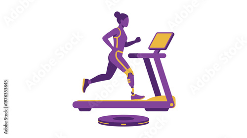 A determined woman with a high-tech prosthetic leg actively runs on a modern purple and yellow treadmill in a minimalist studio setting with vibrant, clean colors.