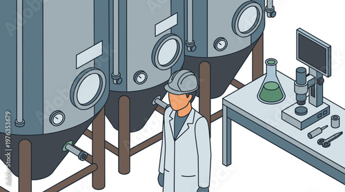 A professional scientist in a white lab coat and hard hat meticulously oversees a fermentation process next to large steel vats in a modern industrial laboratory.