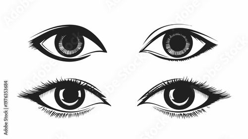 A black and white illustration shows four stylized eyes, in different styles and shapes, all looking forward