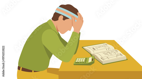 A stressed man wearing a green shirt and a headband sits at a wooden desk with his head in his hands, agonizing over finances with a calculator and an open ledger.