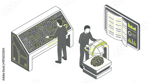 Two scientists in a futuristic laboratory meticulously analyze a human brain using a large interactive touchscreen and a separate advanced scanning device with data readouts.