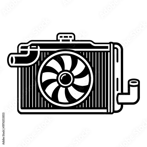 Bold Black Line Art Automotive Radiator with Hoses and Fan Vector Icon