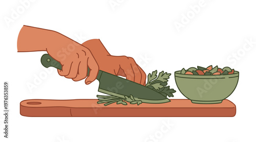 A pair of hands expertly wields a large green chef's knife to meticulously chop fresh green parsley on a rustic wooden cutting board next to a bowl of salad.